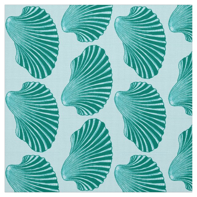 Scallop Shell Block Print, Turquoise and Aqua Fabric (Swatch)