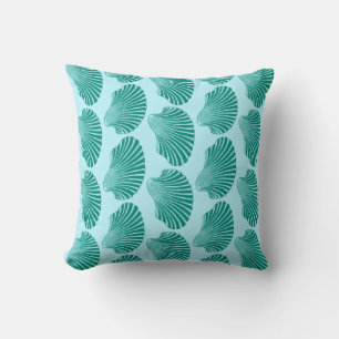 Scallop Shell Block Print, Turquoise and Aqua Throw Pillow