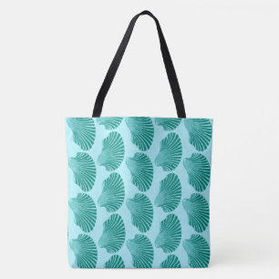 Scallop Shell Block Print, Turquoise and Aqua Tote Bag