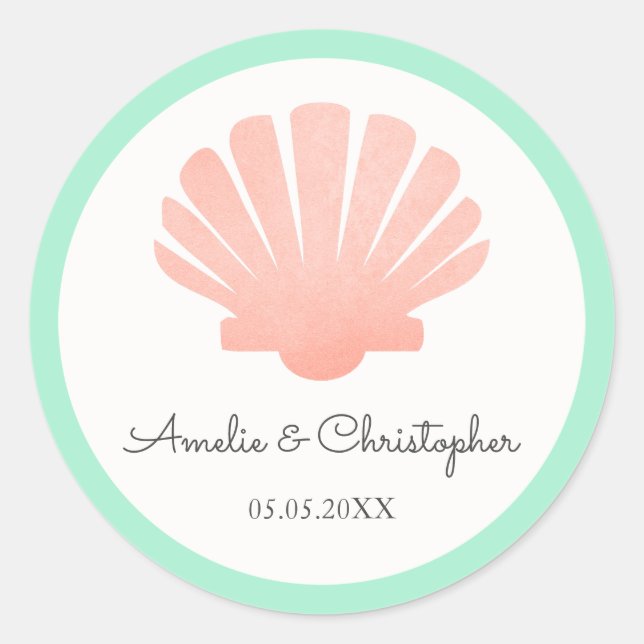 Scallop Shell Coral & Mint | Personalized Wedding Classic Round Sticker (Front)