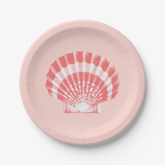 Scallop Shell - coral pink and white Paper Plates (Front)
