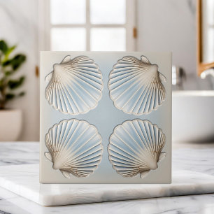Scallop Shell - Gentle Blue and cream Ceramic Tile