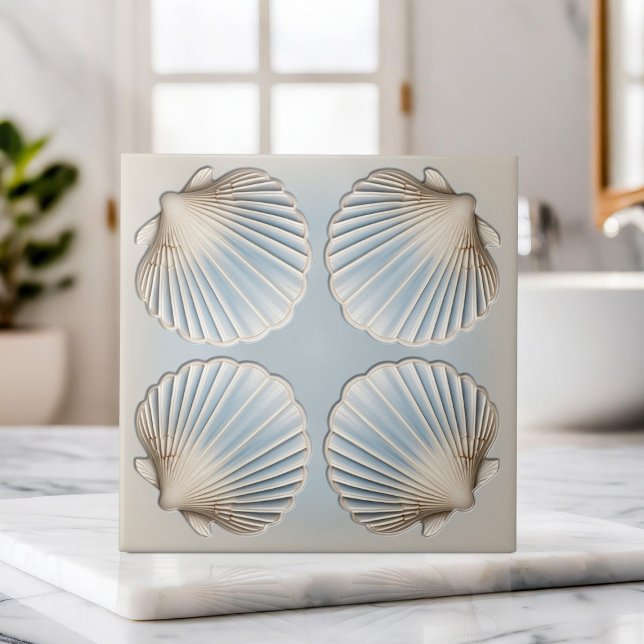 Scallop Shell - Gentle Blue and cream Ceramic Tile (Creator Uploaded)