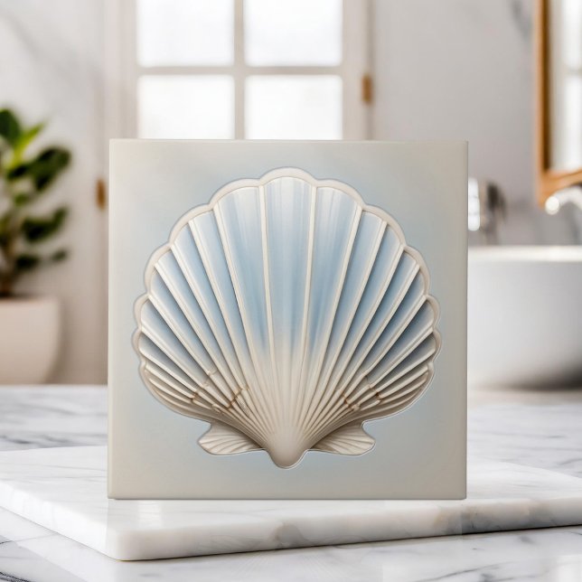 Scallop Shell - Gentle Blue and cream Ceramic Tile (Creator Uploaded)