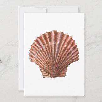 Invitation card with painting of a scallop shell on a white background.