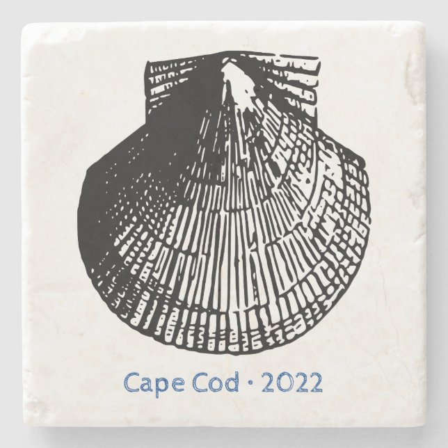 Scallop Shell Line Art - Beach Sand Stone - Custom Stone Coaster (Front)