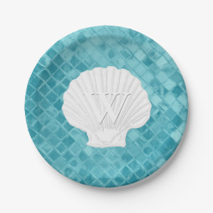 Scallop Shell Monogram Aqua Sea Glass Paper Plates