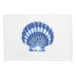 Scallop Shell - Navy Blue on a White Background Pillow Case