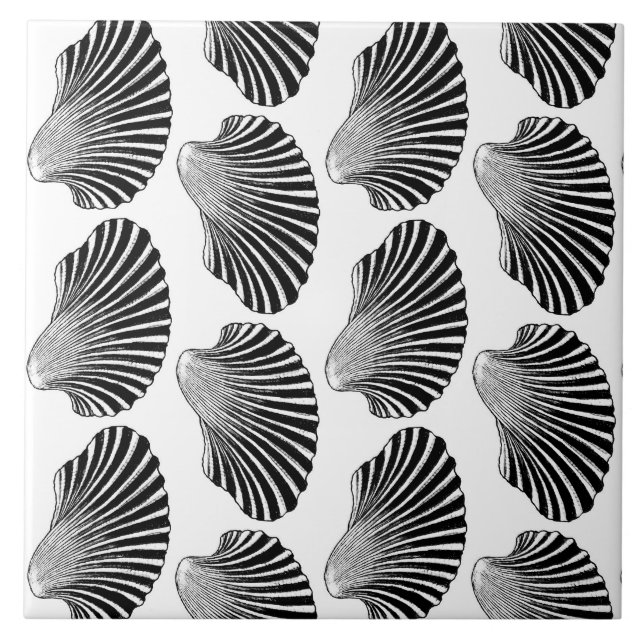 Scallop Shell Print, Black and White Ceramic Tile (Front)