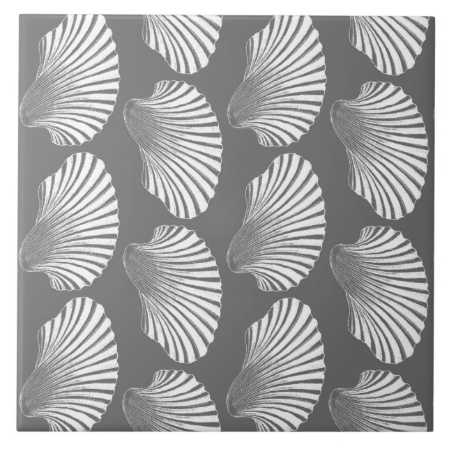 Scallop Shell Print, Gray / Grey and White Tile (Front)