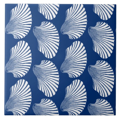 Scallop Shell Print Navy Blue and White Ceramic Tile
