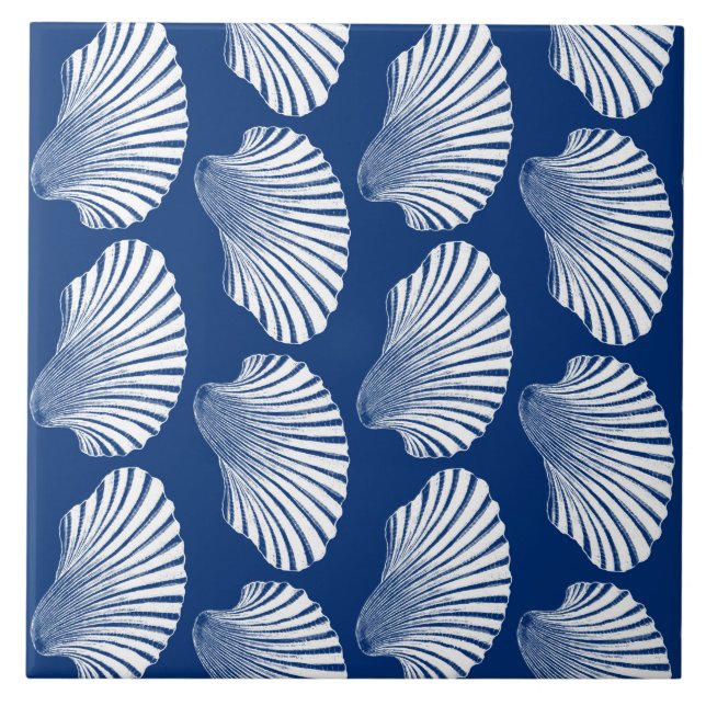 Scallop Shell Print, Navy Blue and White Ceramic Tile (Front)