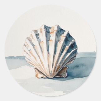 Scallop Shell Watercolor Art – Coastal Blue Classic Round Sticker