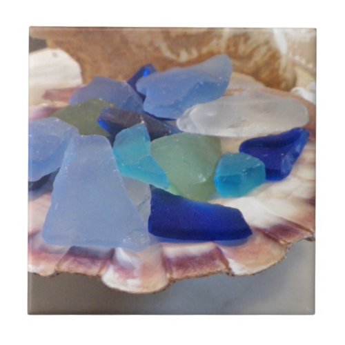 Scallop Shell With Sea Glass Ceramic Tile
