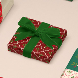 Scallop Tile with Holly Branch Berries Christmas Wrapping Paper Sheets