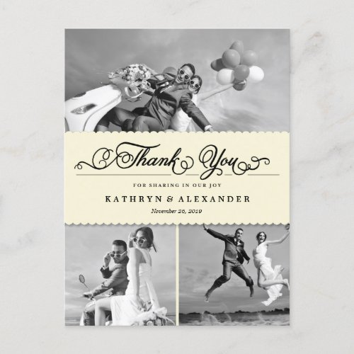 Scalloped Band And Script Photo Wedding Thank You Postcard