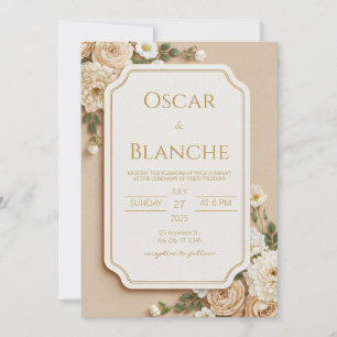 Scalloped Beige Ivory Floral Gilded Wedding Invitation