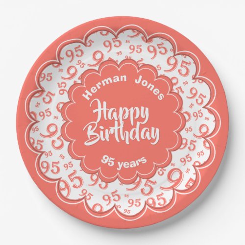 Scalloped Birthday 95 Coral Random Number Pattern Paper Plates