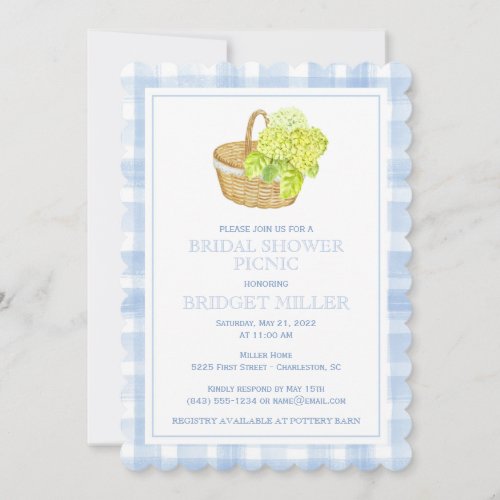 Scalloped Blue Gingham Hydrangea Flower Basket  Invitation