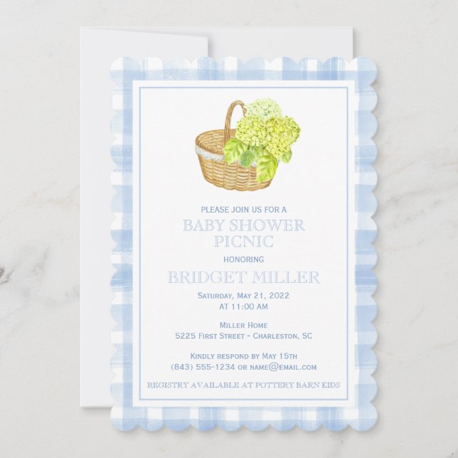 Scalloped Blue Gingham Hydrangea Flower Basket  Invitation (Front)