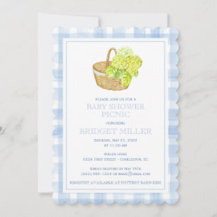 Scalloped Blue Gingham Hydrangea Flower Basket Invitation