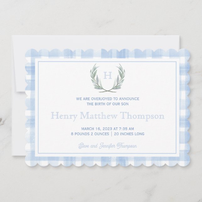 Scalloped Blue Gingham Laurel Crest  Announcement (Front)