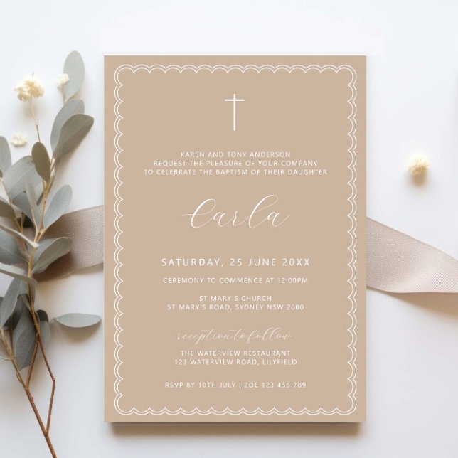 Scalloped border beige christening baptism invitation (Creator Uploaded)