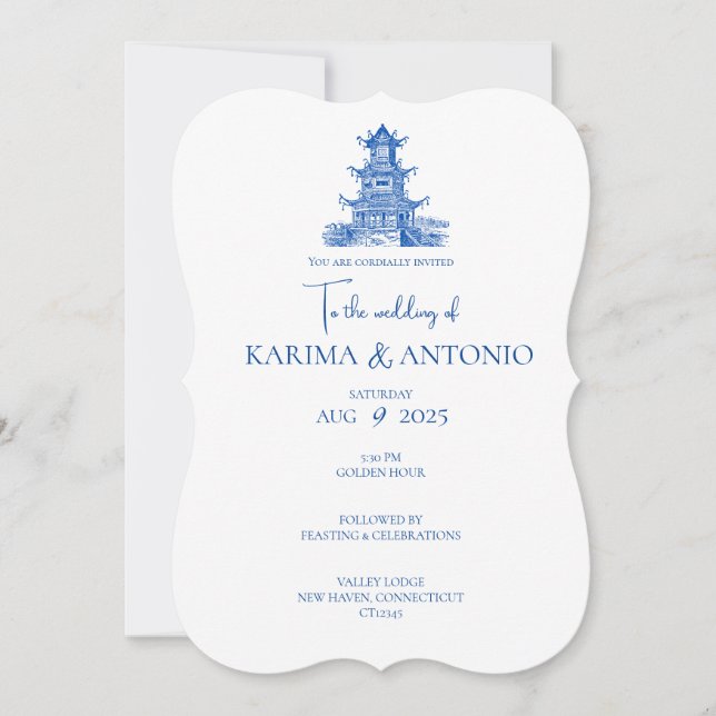 Scalloped Chic-tique Chinoiserie Pagoda Invitation (Front)