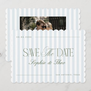 Scalloped Coastal Blue Sage Green Stripes Wedding Save The Date