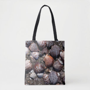 Scalloped Colorful Seashells On A Black Sand Tote Bag