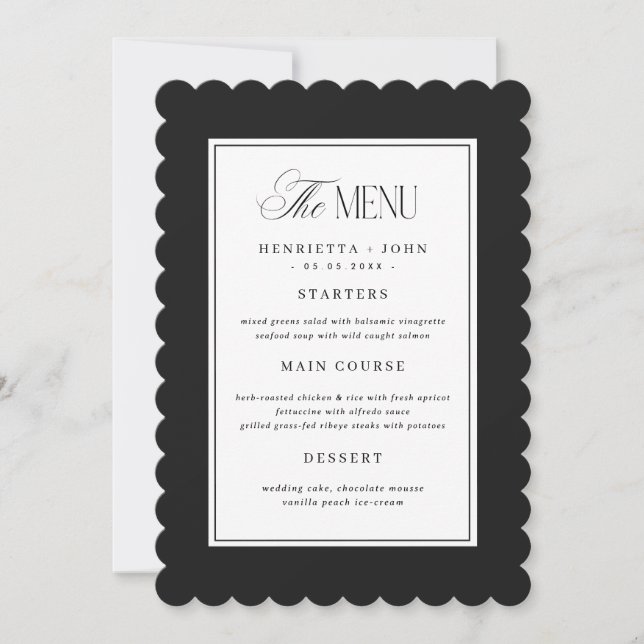 Scalloped Edge Black and White Wedding Menu Card (Front)