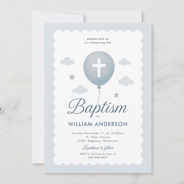 Scalloped Edge Blue Floral Cross Baptism Invitatio Invitation (Front)