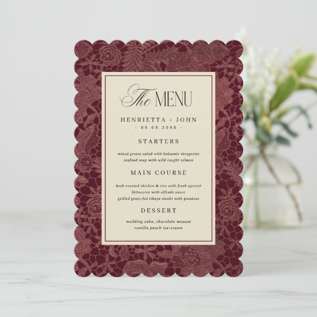 Scalloped Edge Burgundy Lace Wedding Menu Card (Standing Front)