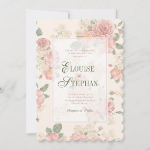 Scalloped Edge Pink & Green Vintage Roses Wedding Invitation