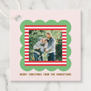 Scalloped Frame Christmas Photo Red Stripes Favor Tags