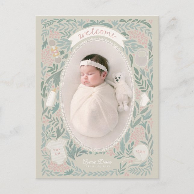 Scalloped frame with leafy surround & baby things postcard (Front)