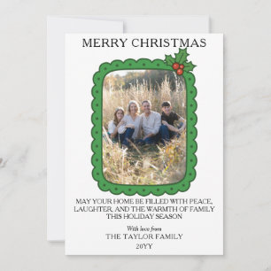 Scalloped Hand Drawn Holly Christmas Family Photo Holiday Card