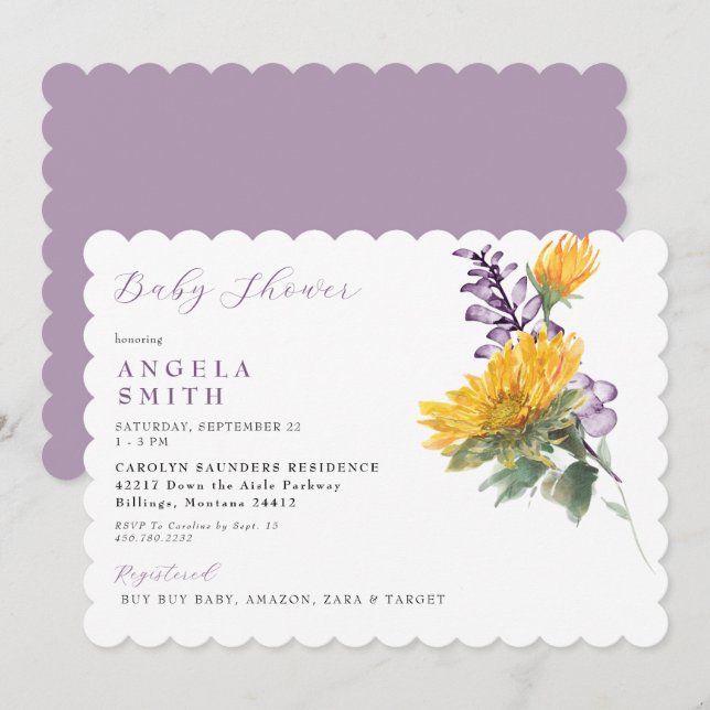 Scalloped Lavender Sunflower Floral Baby Shower  Invitation (Front/Back)