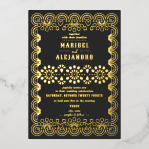 Scalloped Mexico Papel Picado Floral Black Wedding Foil Invitation