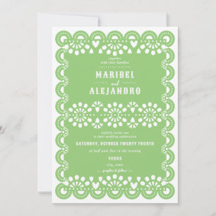 Scalloped Mexico Papel Picado Floral Green Wedding Invitation