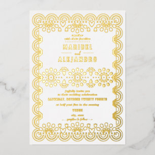 Scalloped Mexico Papel Picado Floral White Wedding Foil Invitation