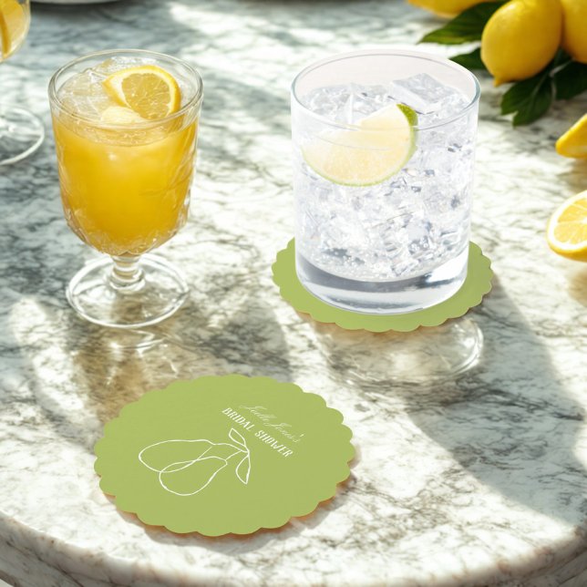 Scalloped Modern Green Perfect Pear Bridal Shower Paper Coaster (Creator Uploaded)