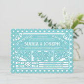 Scalloped Papel Picado Wedding Blue Invitation (Standing Front)