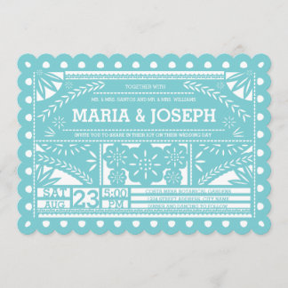 Scalloped Papel Picado Wedding Blue Invitation
