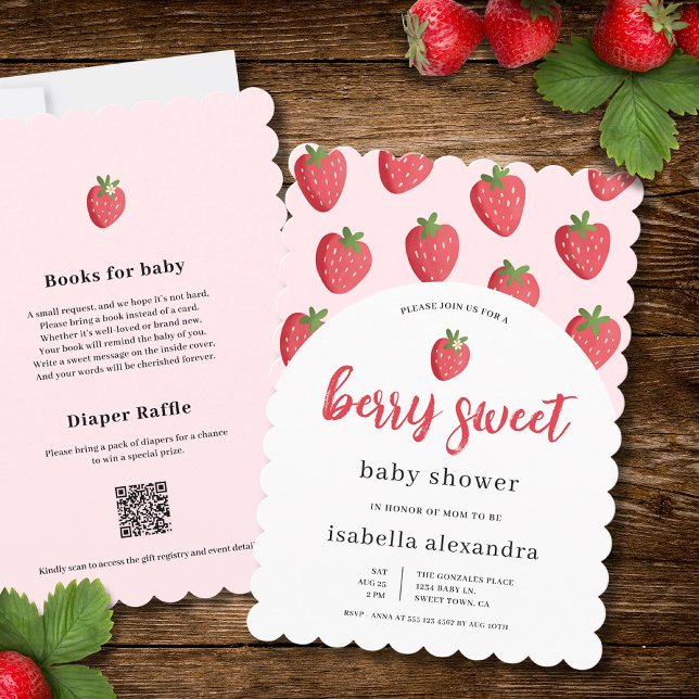 Scalloped Pink Berry Sweet Strawberry Baby Shower Invitation (The front and back of the invitation is shown in 5x7-inch with a scalloped frame. )