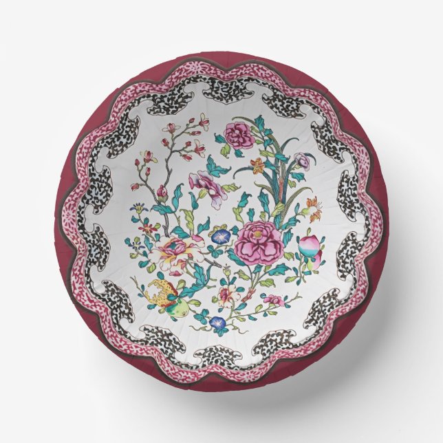 Scalloped Pink Chinoiserie Blossoms Faux China Paper Bowls (Front)