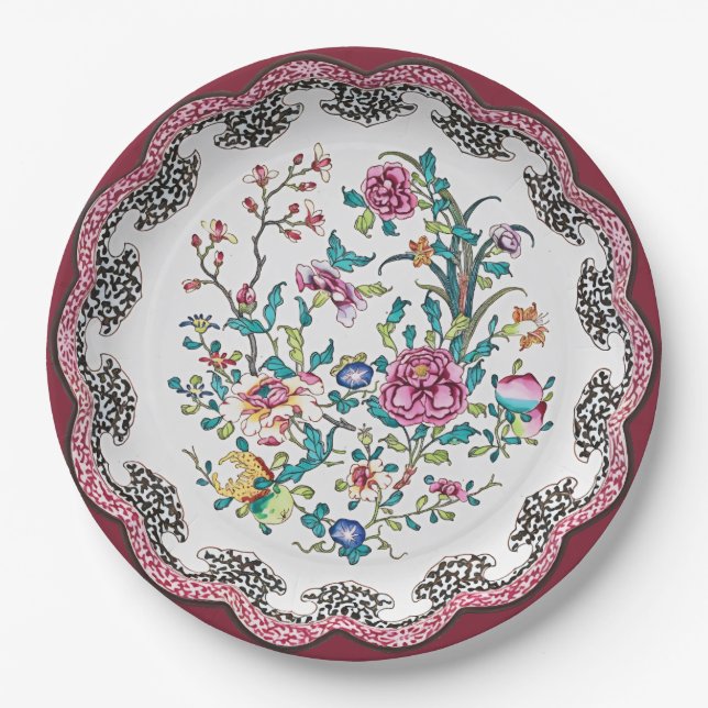 Scalloped Pink Chinoiserie Blossoms Faux China Paper Plates (Front)