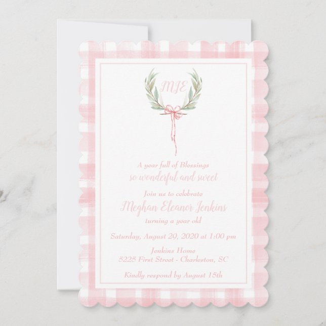 Scalloped Pink Gingham Laurel Crest Monogram Invitation (Front)