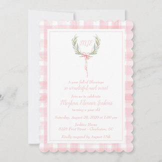 Scalloped Pink Gingham Laurel Crest Monogram Invitation