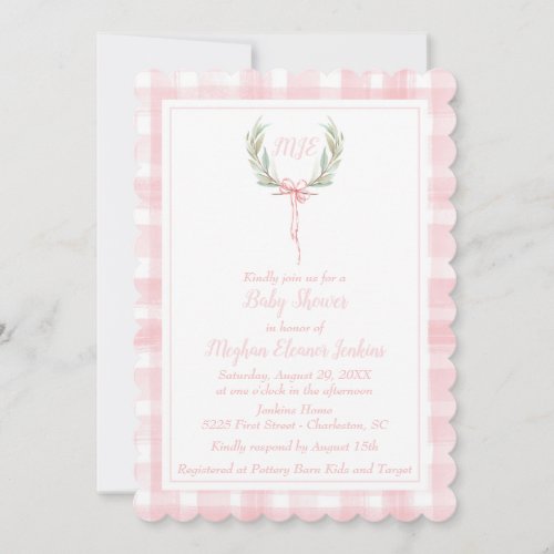 Scalloped Pink Gingham Laurel Crest Monogram Invitation